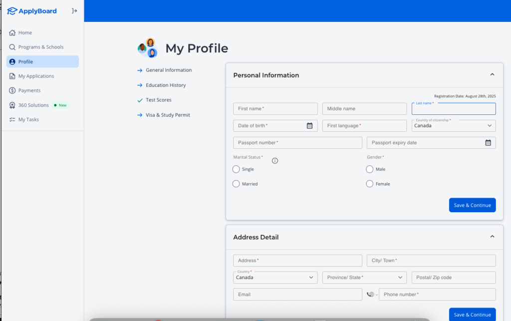 The "My Profile" page on the ApplyBoard website